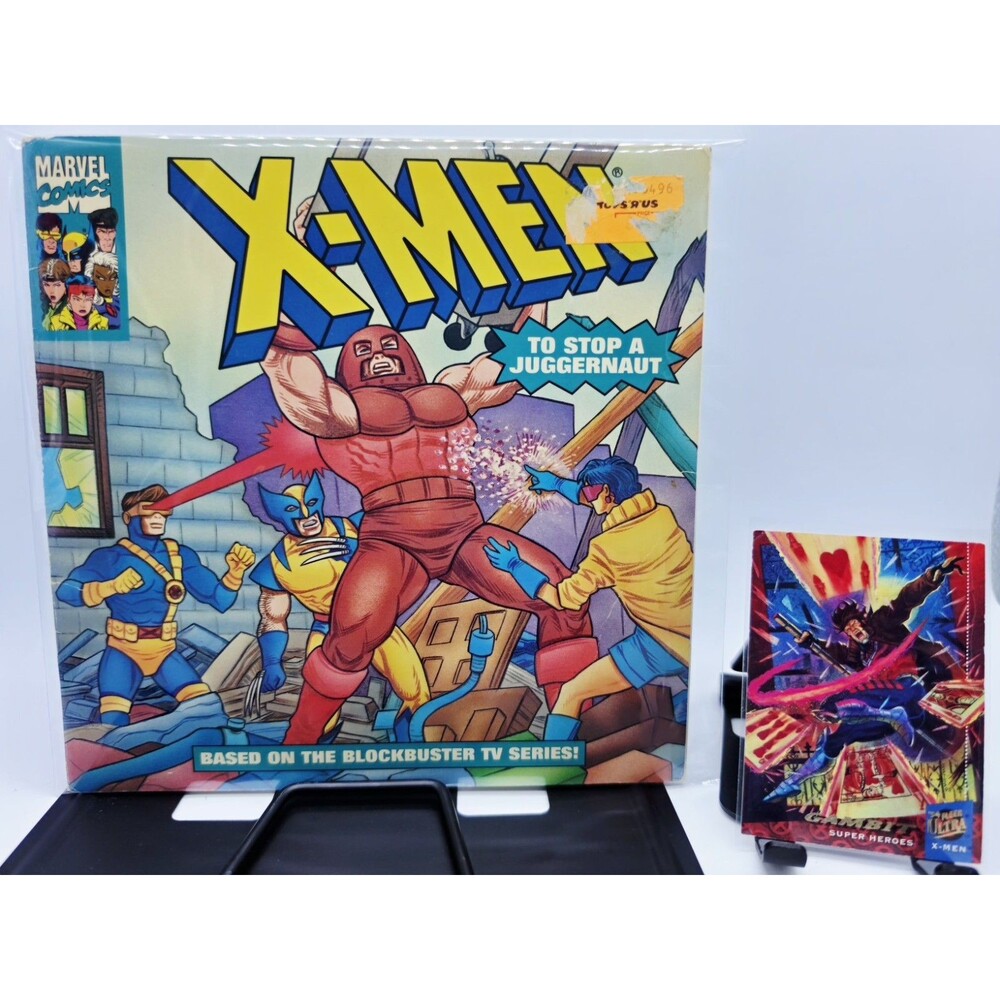 Vtg 1993 X-Men To Stop A Juggernaut Book Toys R Us Tag & 1992 Gambit Card Lot